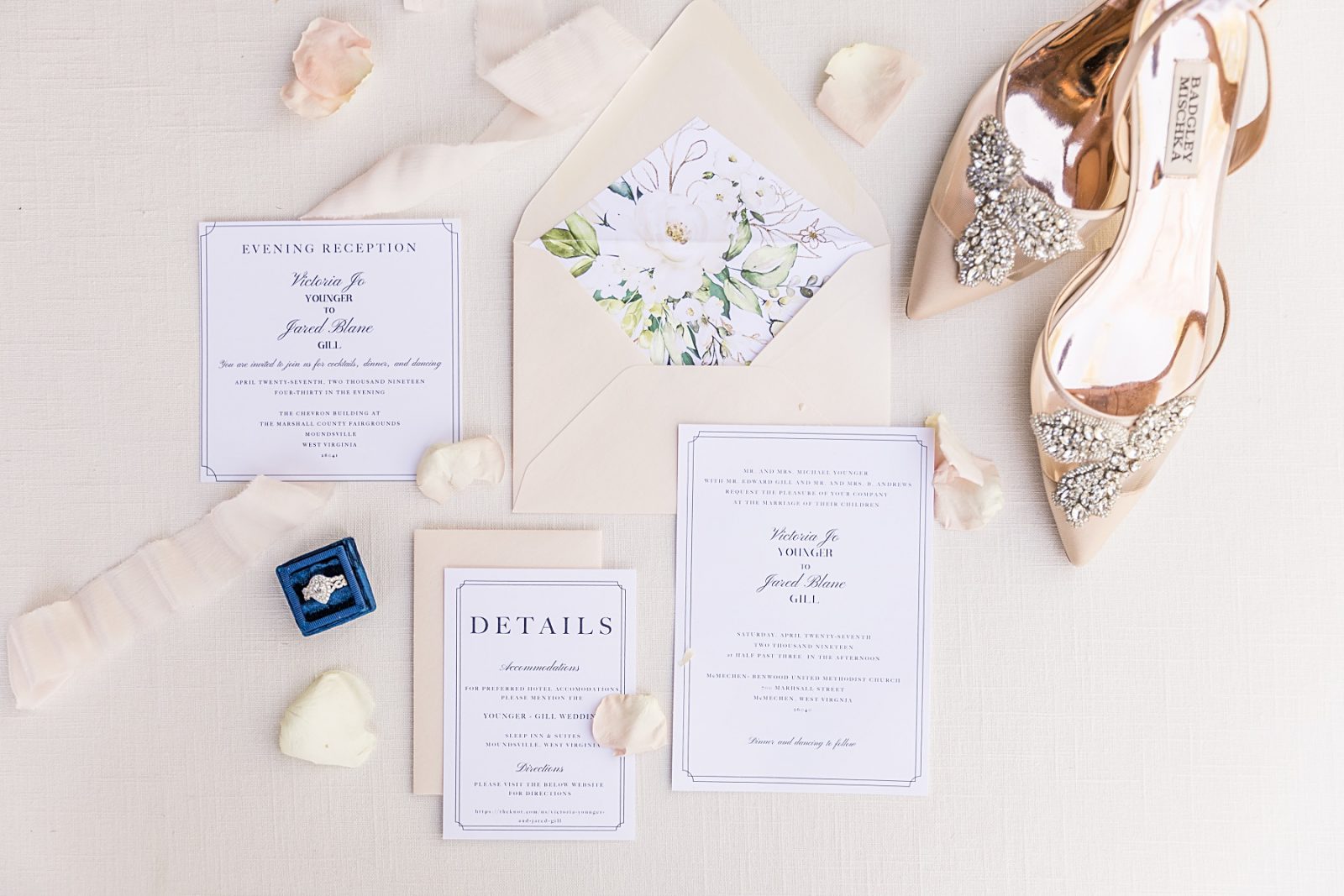 Blue white beige Invitation suite, bridal shoes and blue ring box with ring. Wedding photography by Diana Gramlich