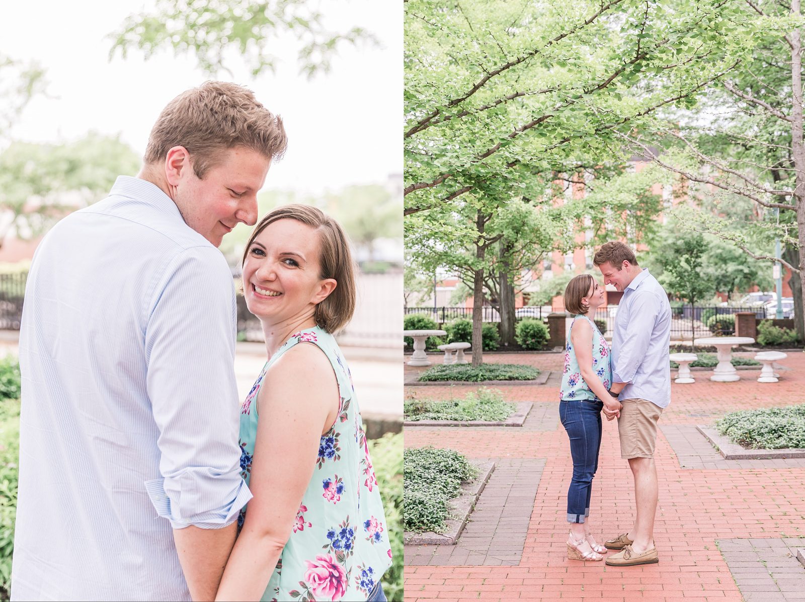 Engagement photos in downtown Canton, OH by Diana Gramlich Photography, couple holding hands smiling while she is looking at the camera he is looking at her, couple standing in the middle of the walkway in the garden facing each other holding hands and looking at each other