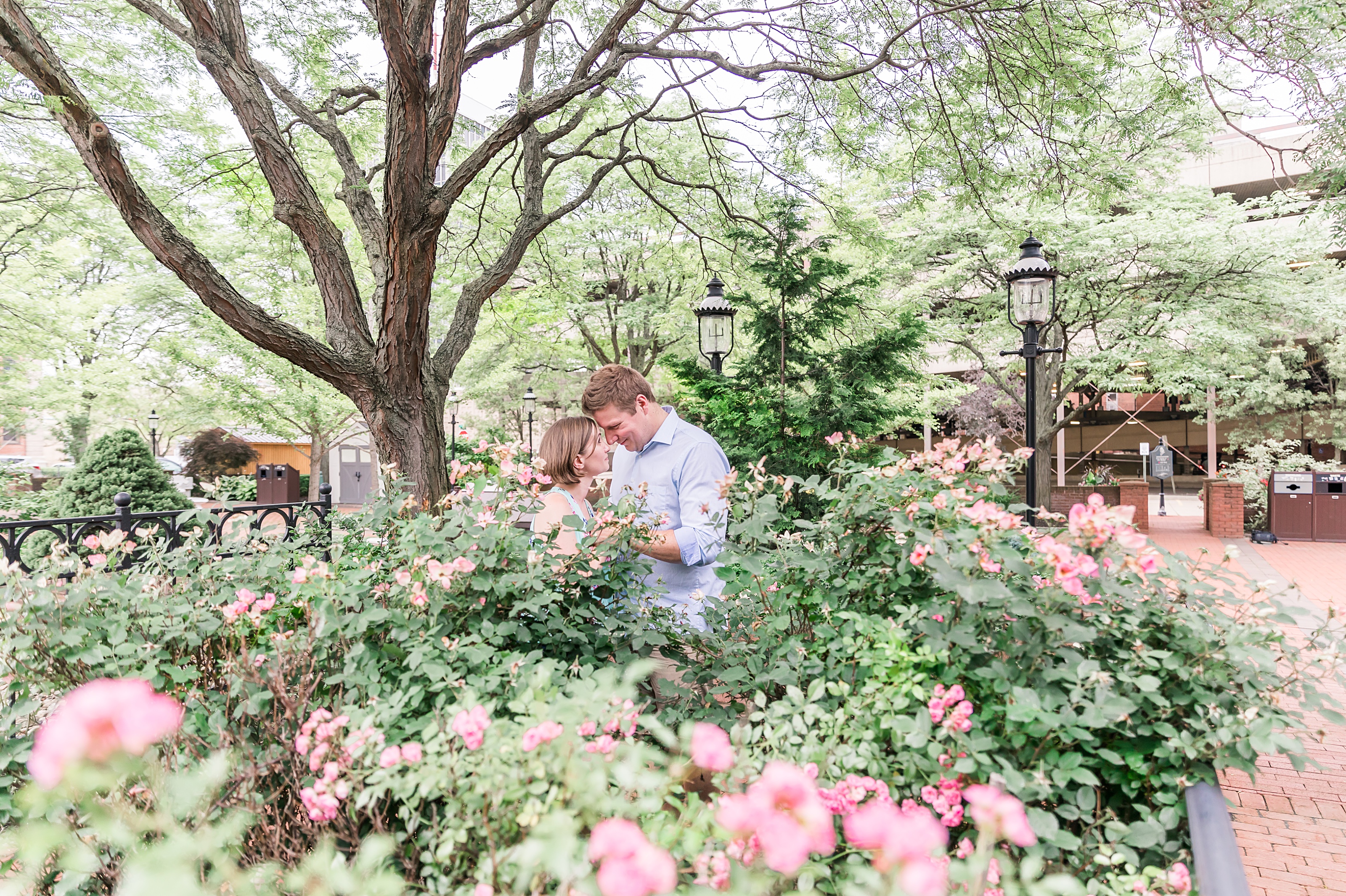 Engaged couple holding hands and touching forehead quiet moment in flower garden