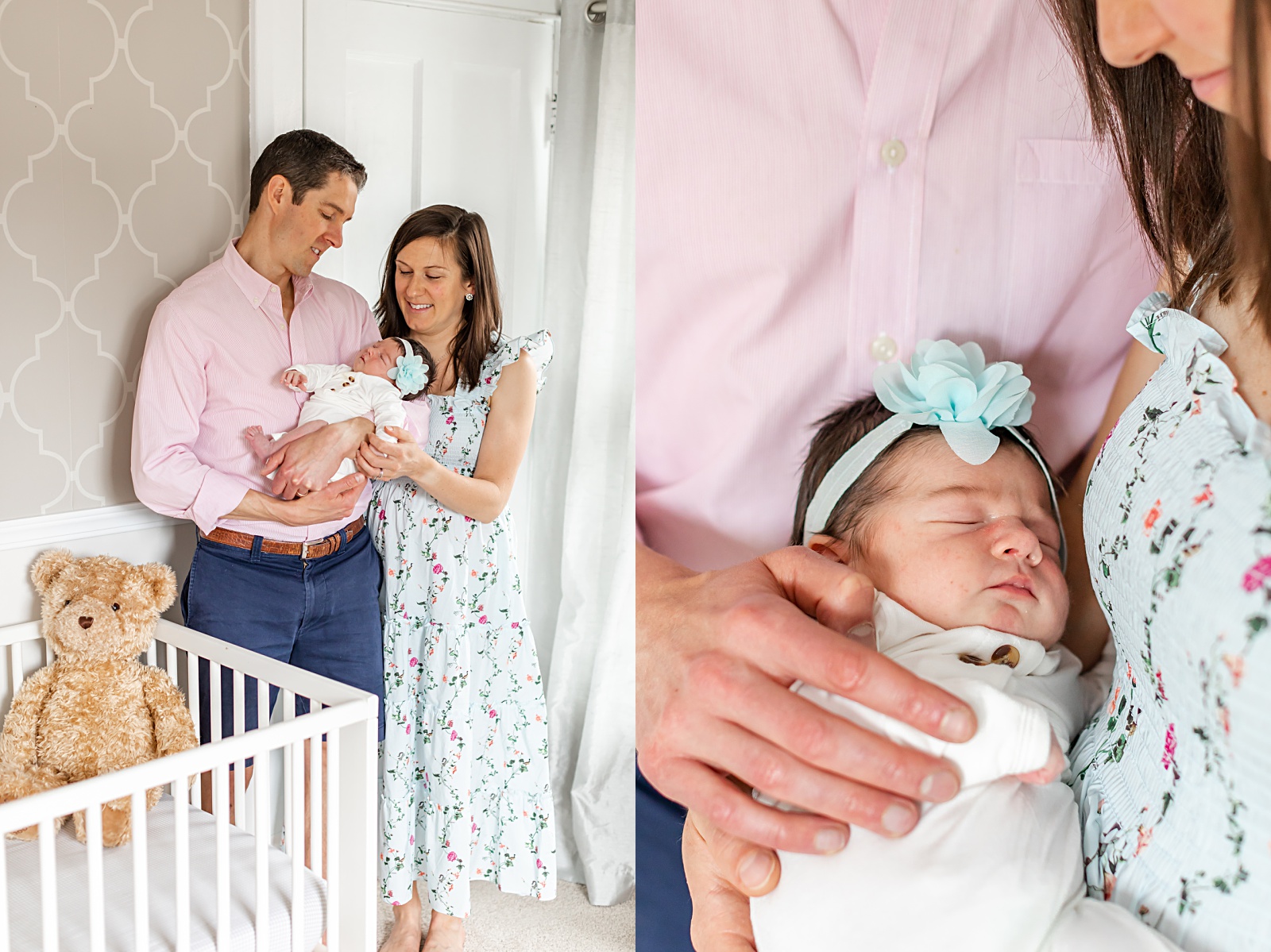 parents in the nursery holding their newborn baby girl and looking at her