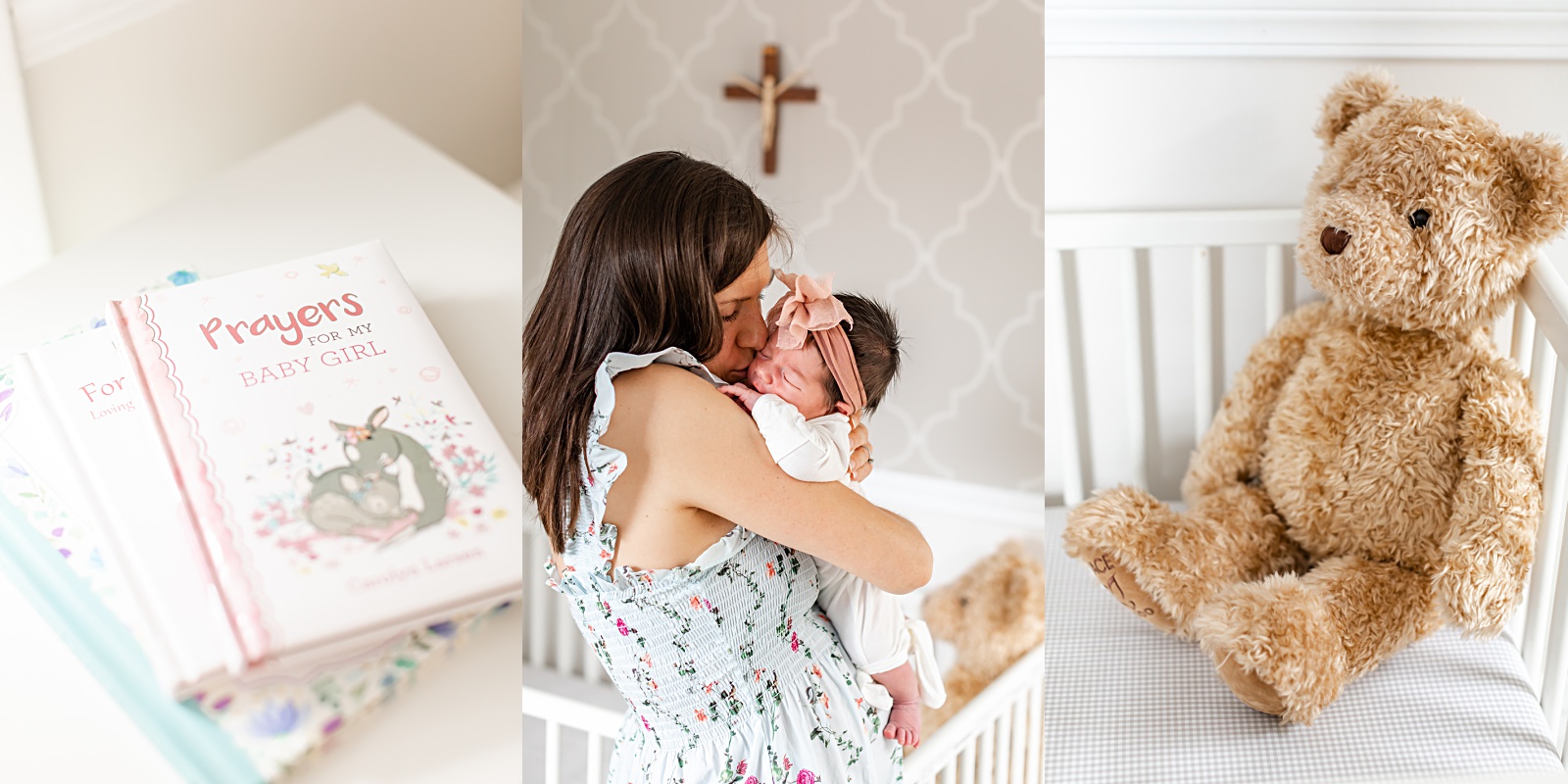 mom is holding a sleeping newborn baby girl and kissing her on a cheek