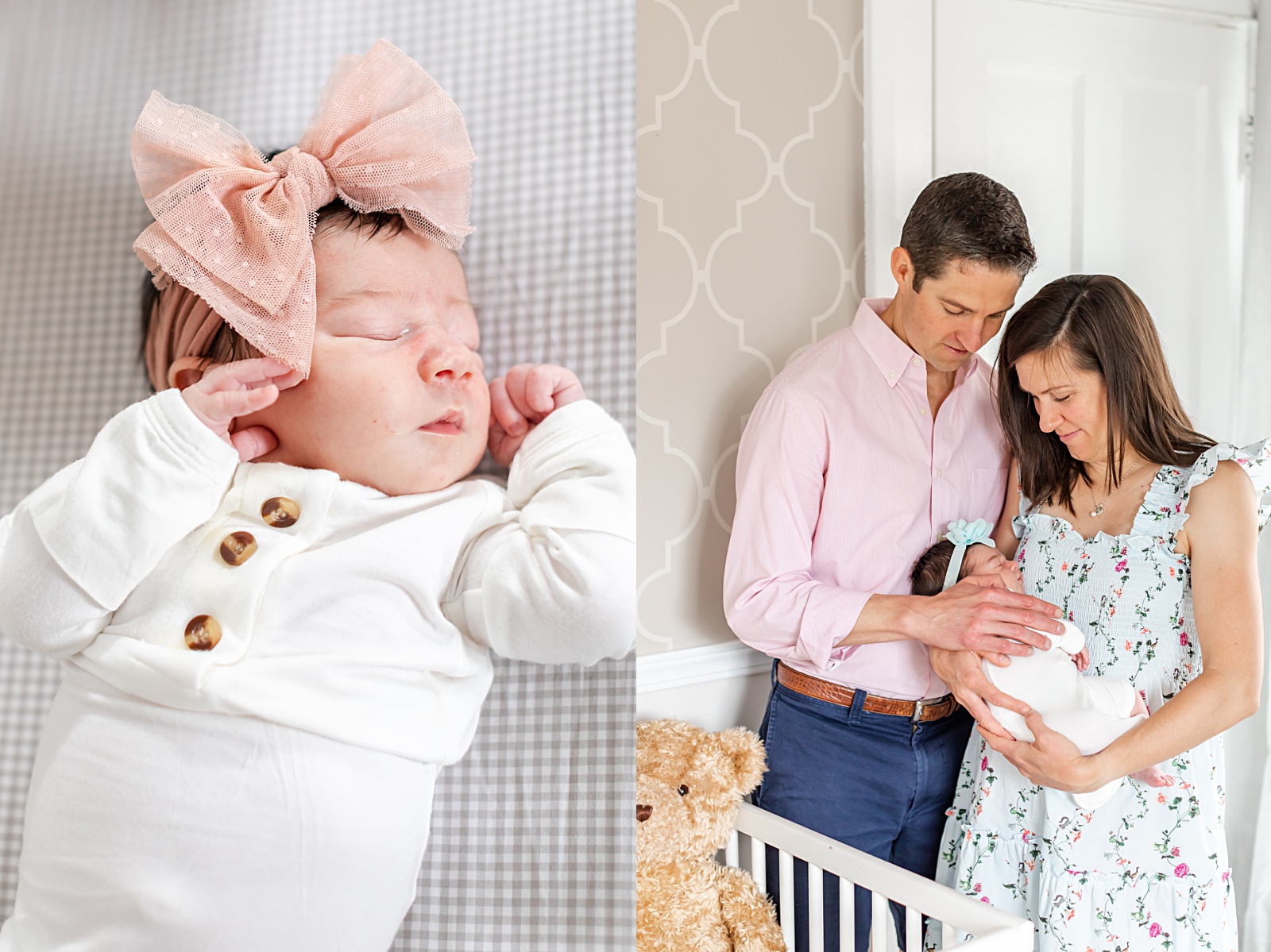 newborn baby girl is sleeping in parents arms while they are looking at her 