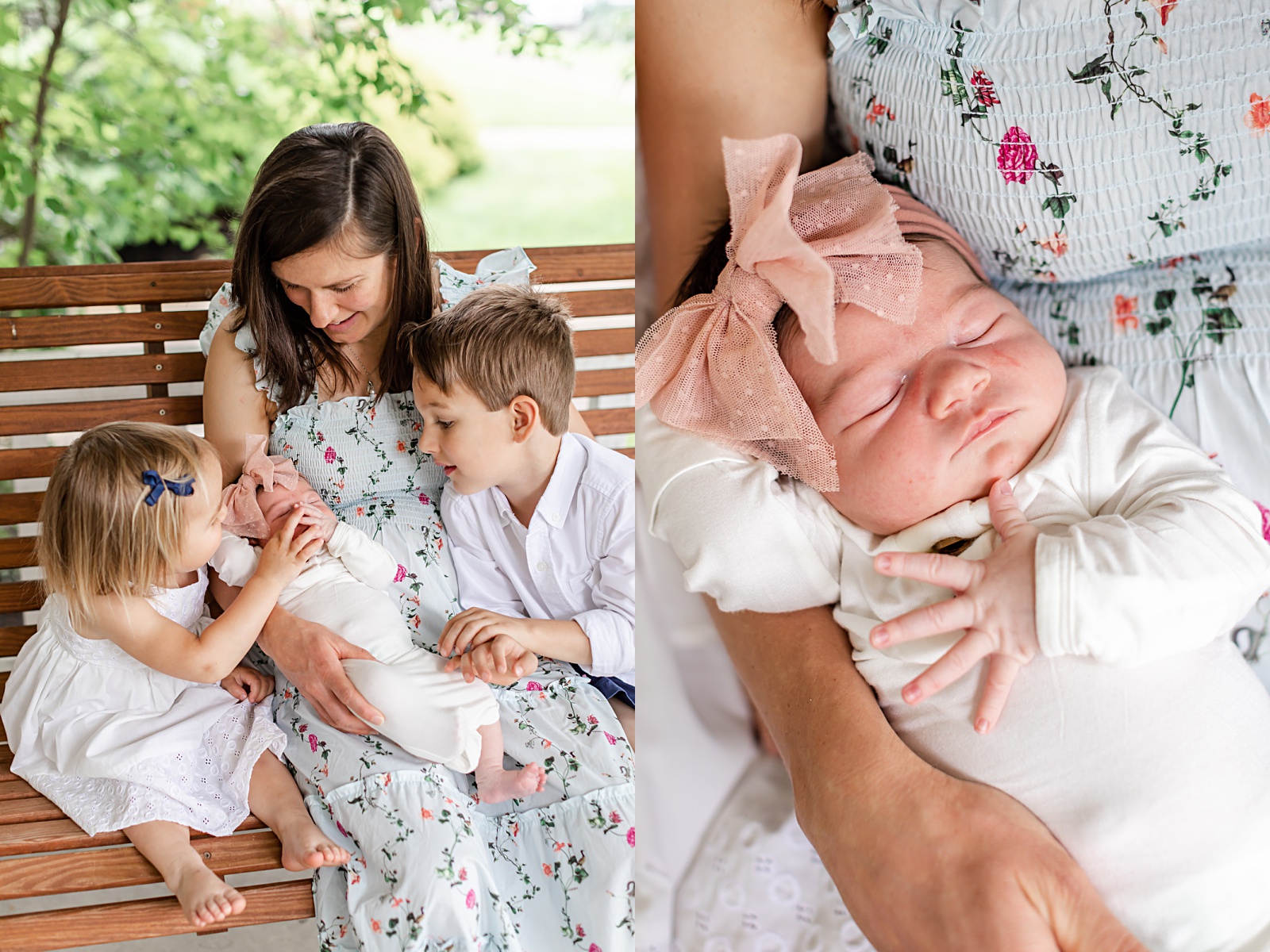 Older sibling are looking at their newborn baby sister