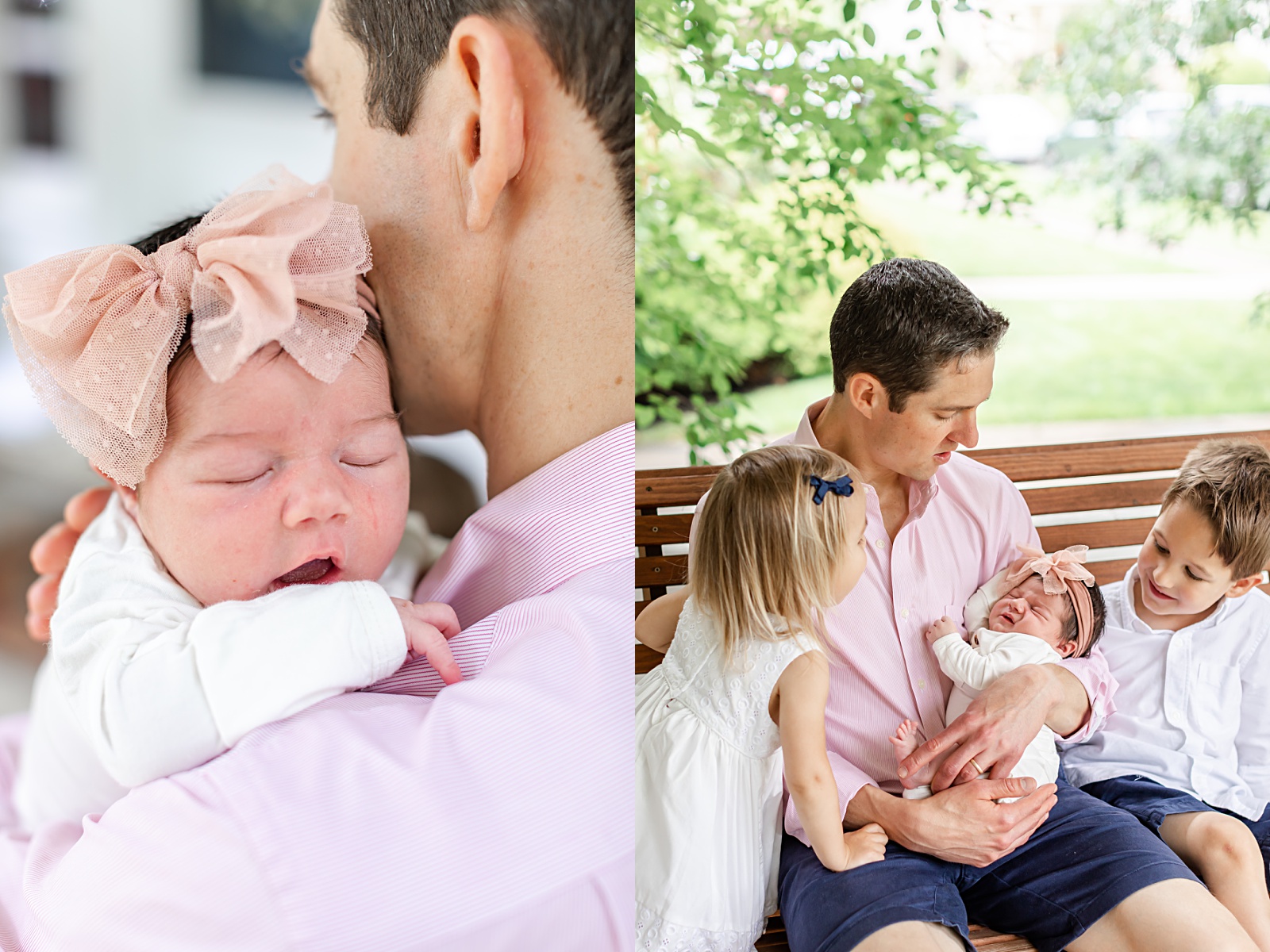 dad is holding a newborn baby girl  in his arms while 2 older sibling are looking at her