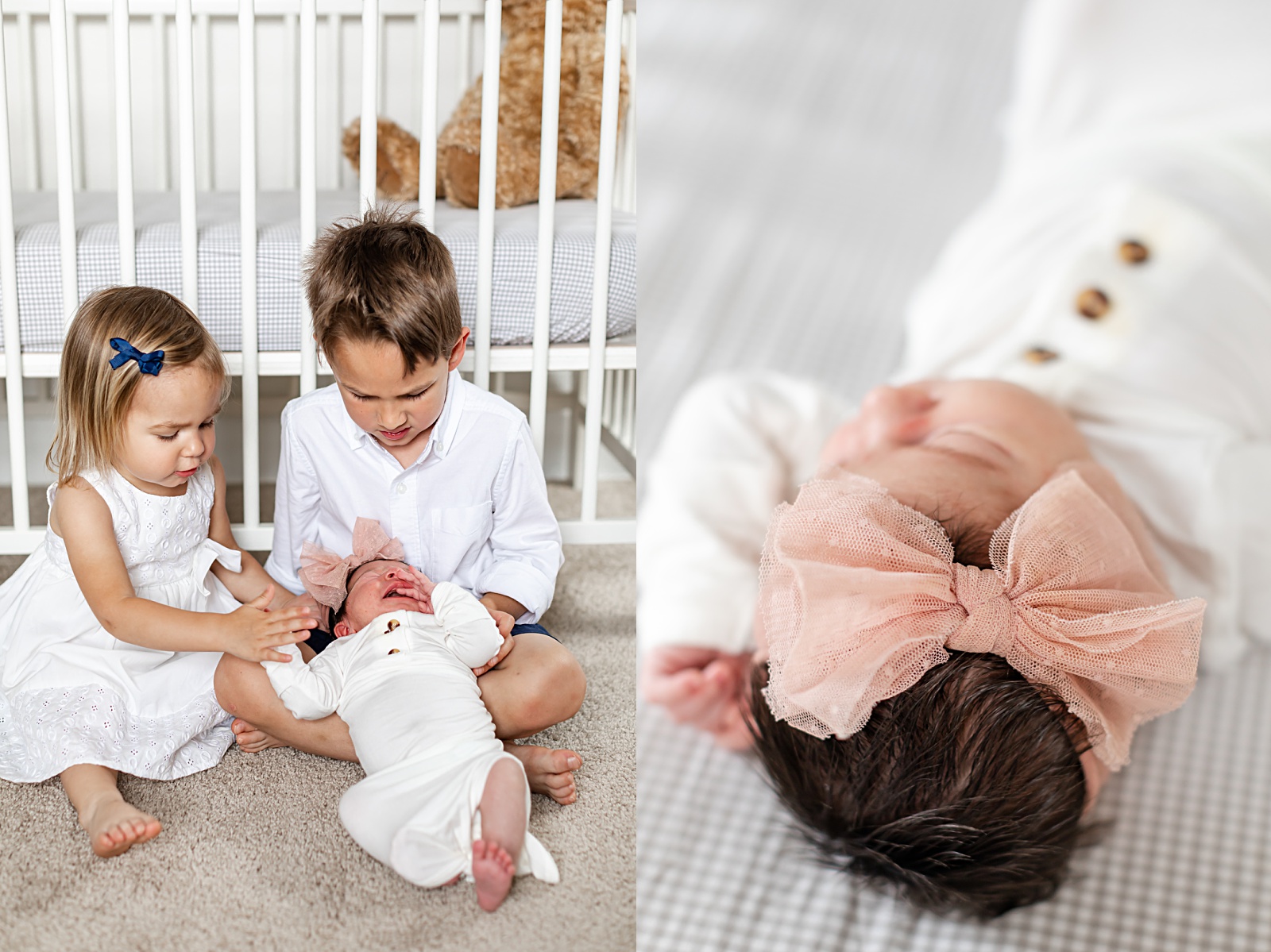 big brother and sister holding their baby sister on their lap and looking at her 