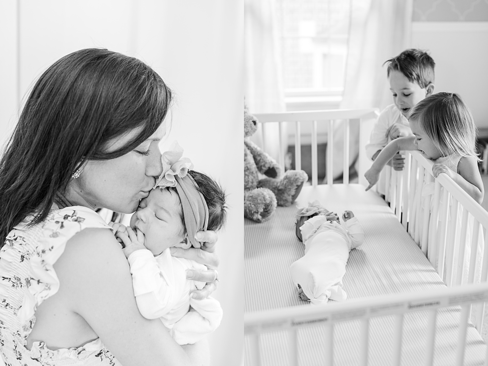 brother and sister are looking at their newborn baby sister sleeping in a crib