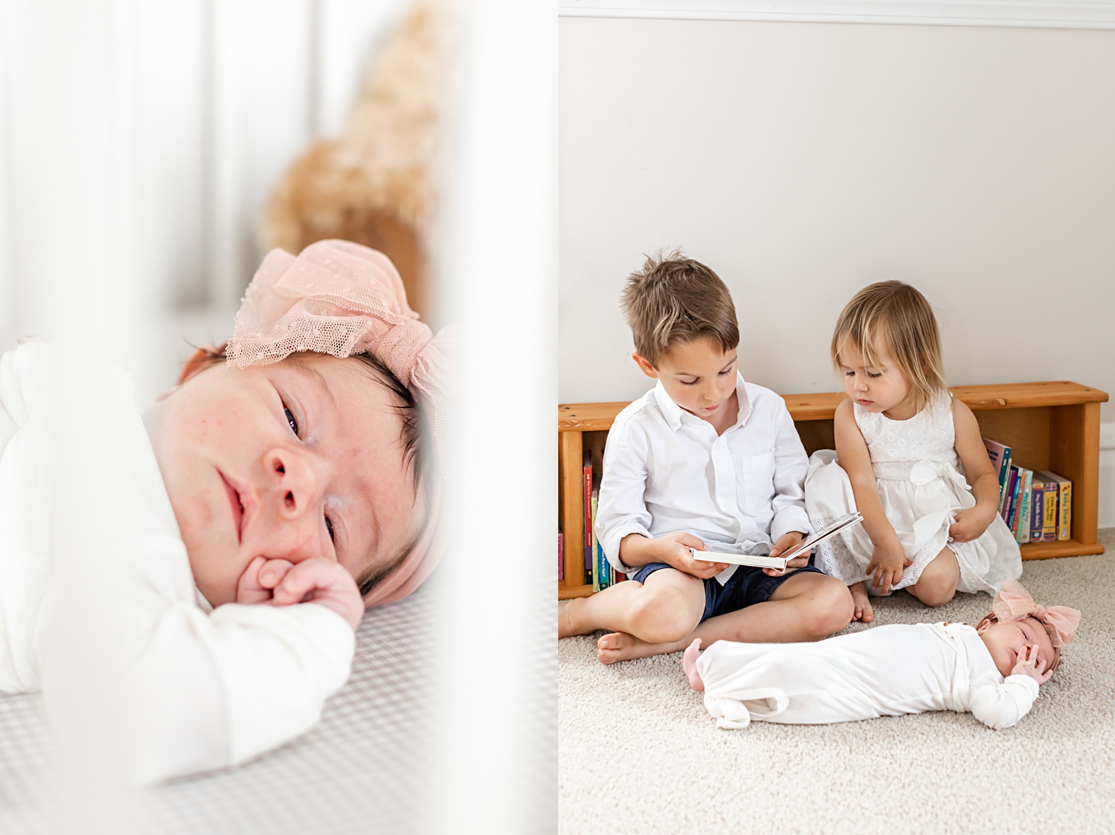 Brother and sister and sitting on the floor and reading a book while their newborn baby sister is laying next to them